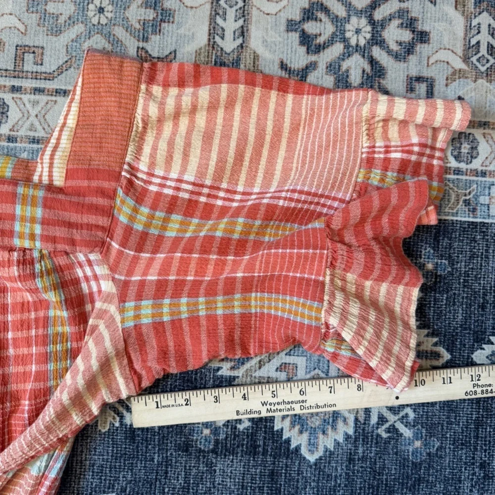 beachlunchlounge Naomi Orange Plaid Cotton Ruffle Blouse Women’s Size Large